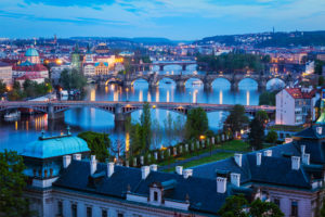 Evening view of bridges over Vltava river from Letni Park. Prague, Czech Republic