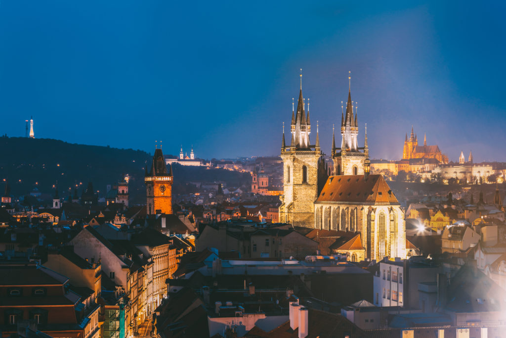 Prague, Czech Republic. Evening Cityscape Of Old Center. Famous Old Town Hall, Church Of Our Lady Before Tyn, St. Vitus Cathedral In Night Lighting. Famous Landmarks, UNESCO World Heritage